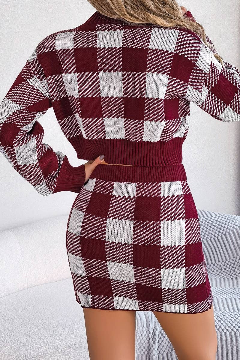 CWSS0748_WOOL PLAID LONG-SLEEVED BLOUSE SKIRT SUIT