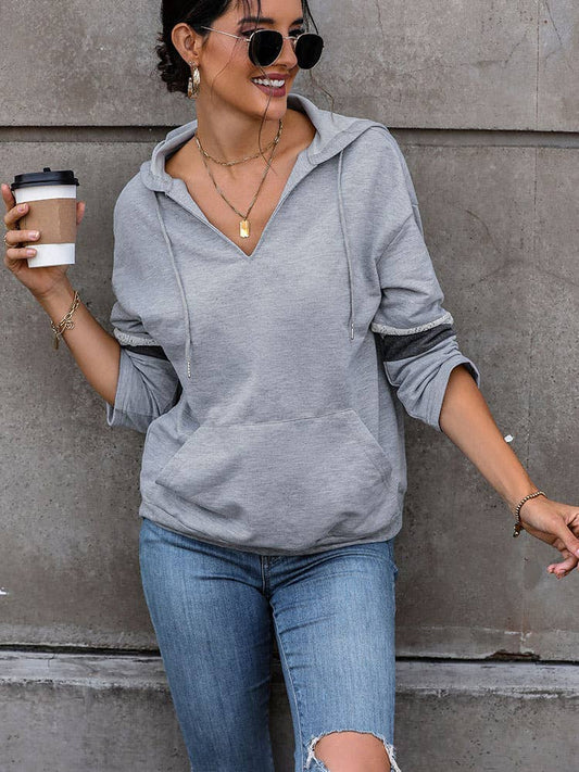 DRAWSTRING HOODED V-NECK LACE PATCHWORK HOODIE