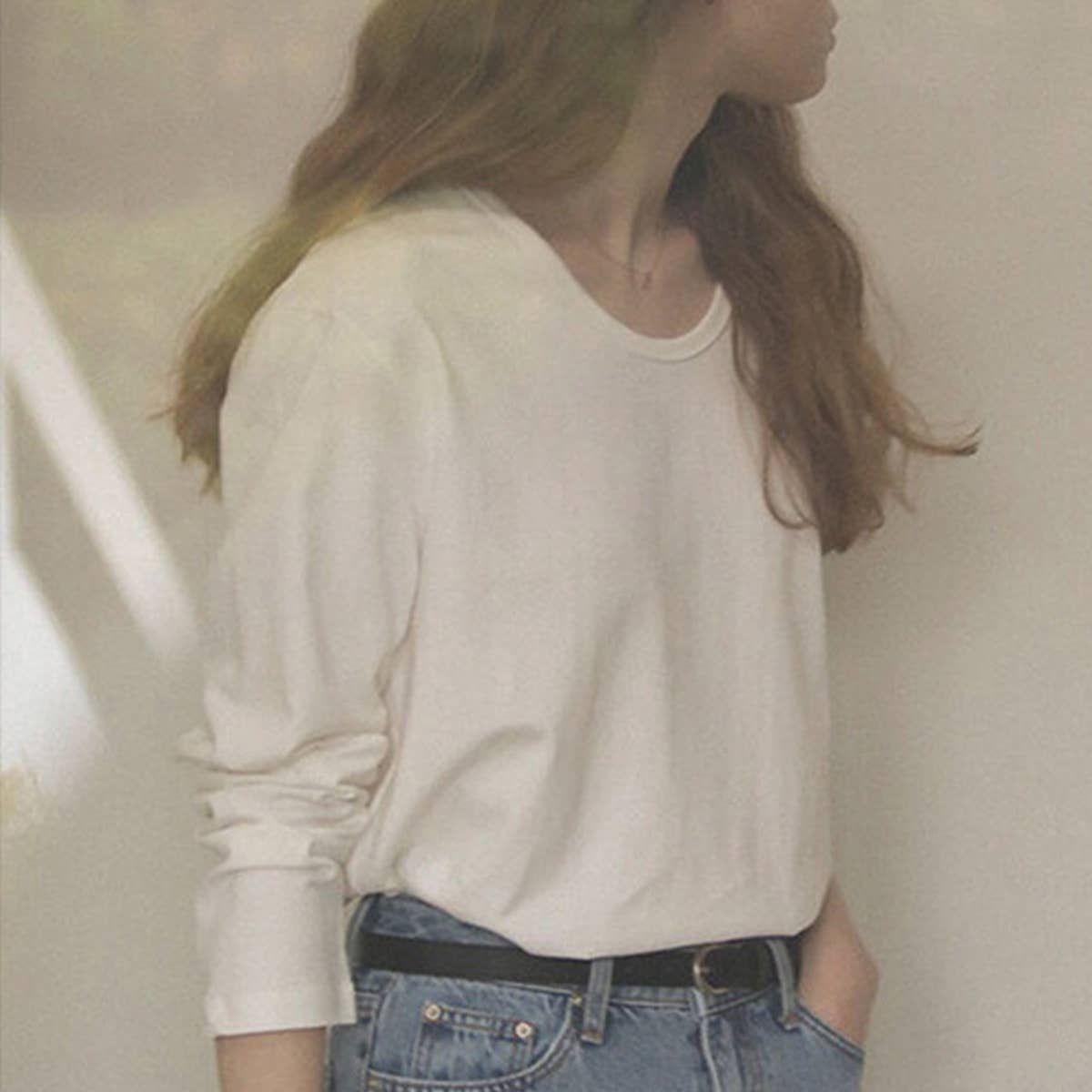 Cotton round-neck off-the-shoulder sleeve shirt