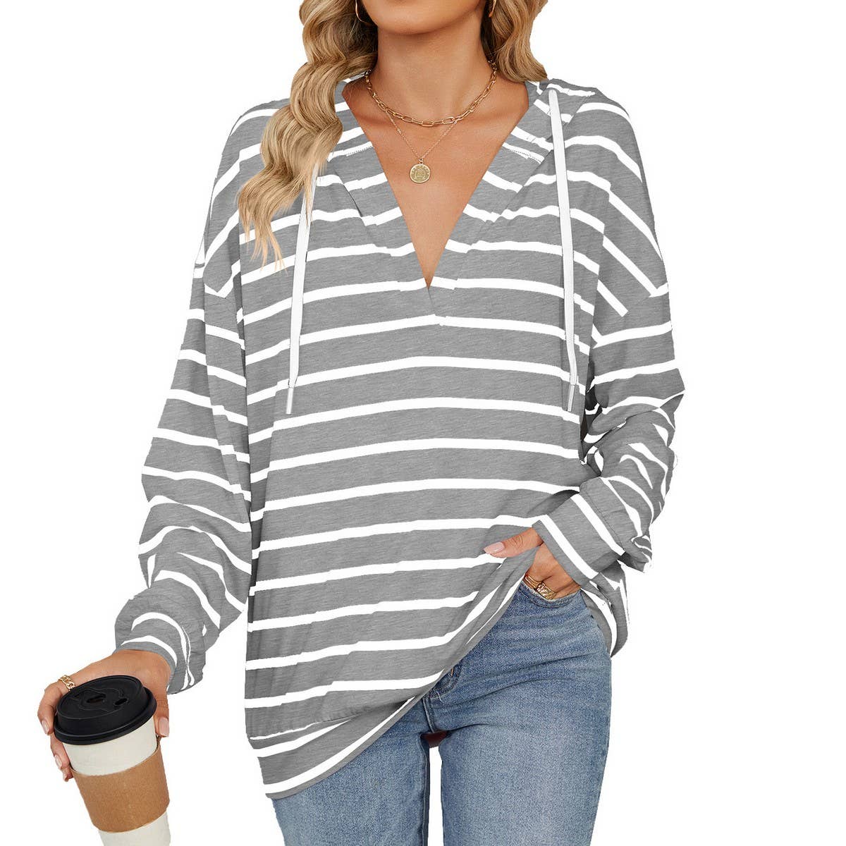 Drawstring hooded striped long-sleeved hoodie