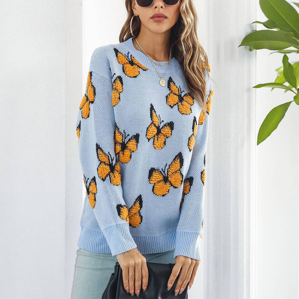 BUTTERFLY SWEATER WITH LOOSE CREW NECK PULLOVER