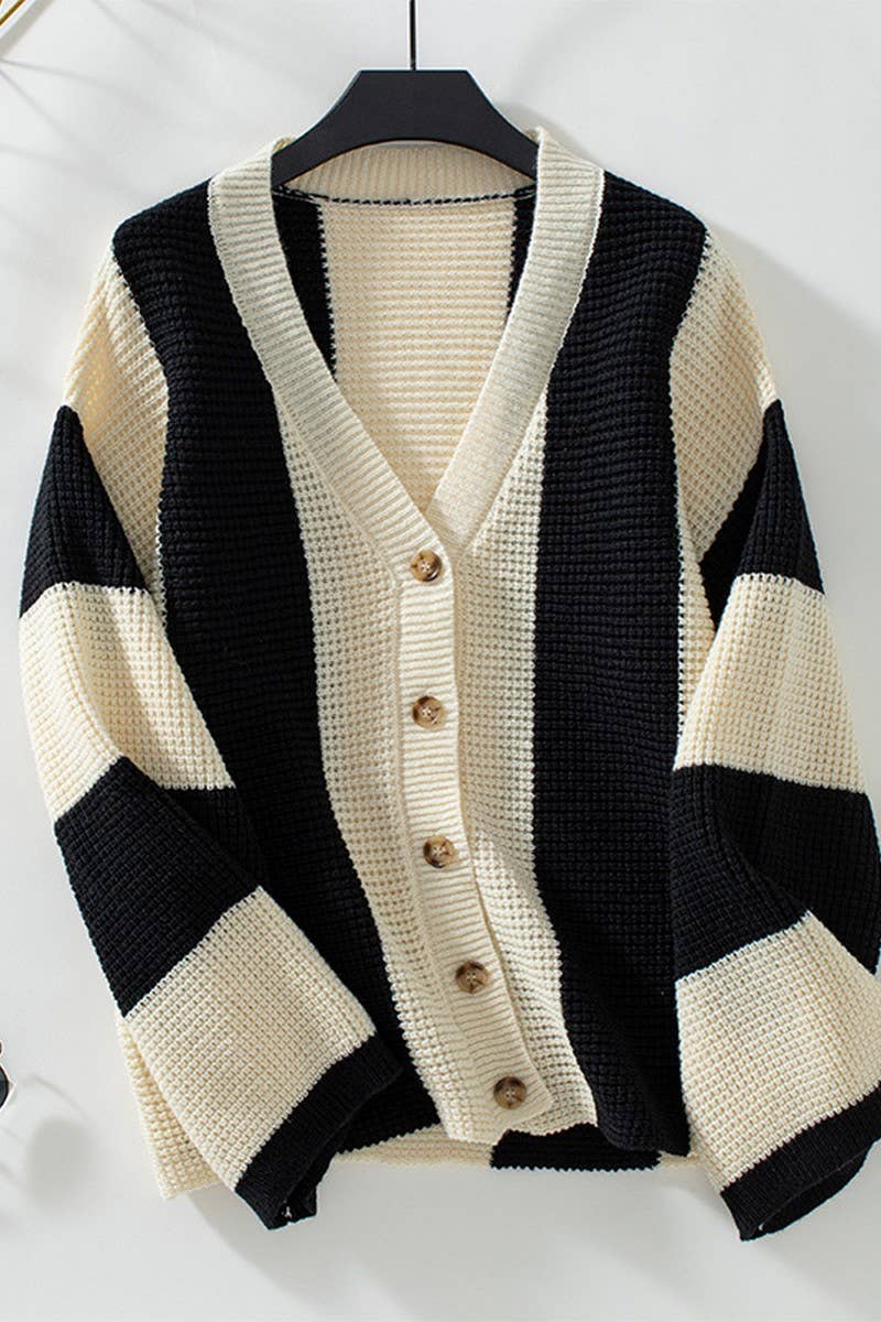 CWOCAL0833_CONTRAST STRIPE LOOSE CARDIGAN SWEATER