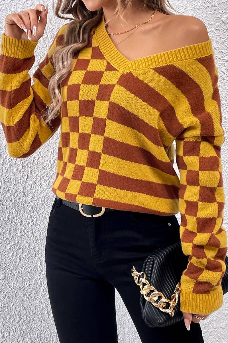 CWOSWL2692_V-NECK CASUAL STRIPED PLAID KNITTED TOP