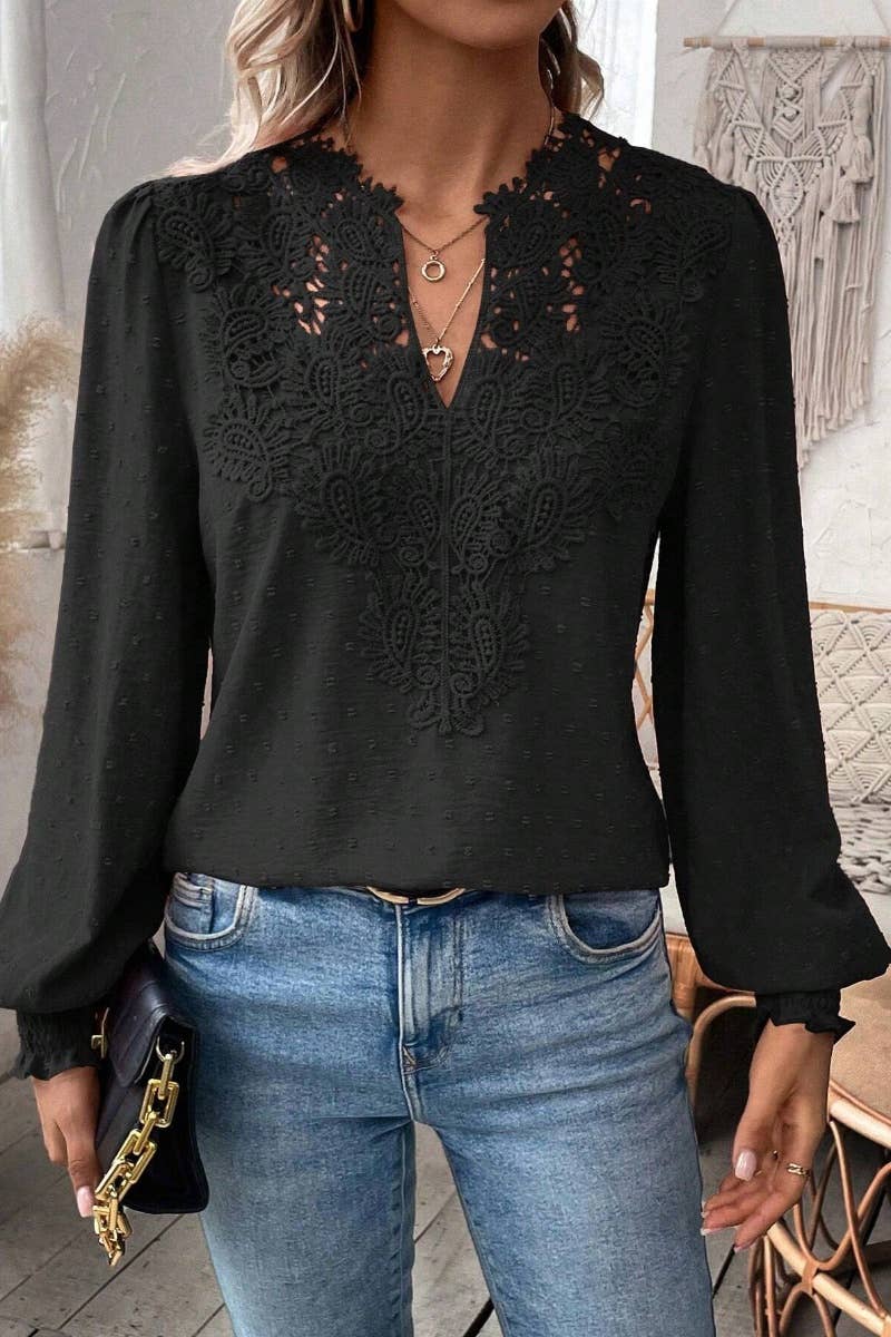 CWTBLL1064_FALL CASUAL V-NECK LACE LONG-SLEEVED TOP