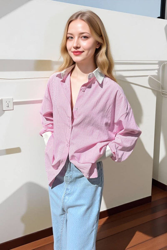 CWTBLL00575_PINK OVERSIZED STRIPED LONG-SLEEVED SHIRT