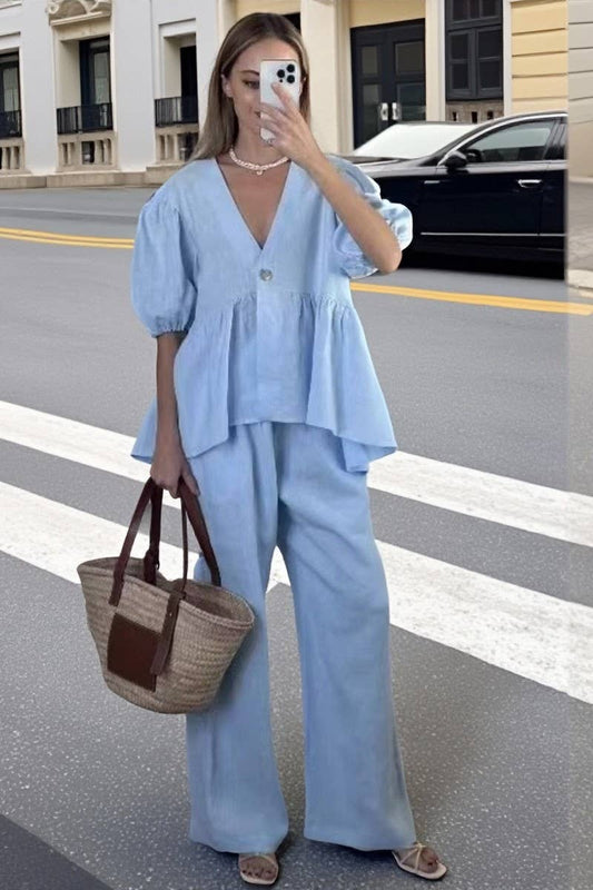 CWSTB00376_V-NECK PUFF SHORT-SLEEVED LACE-UP TROUSERS SUIT