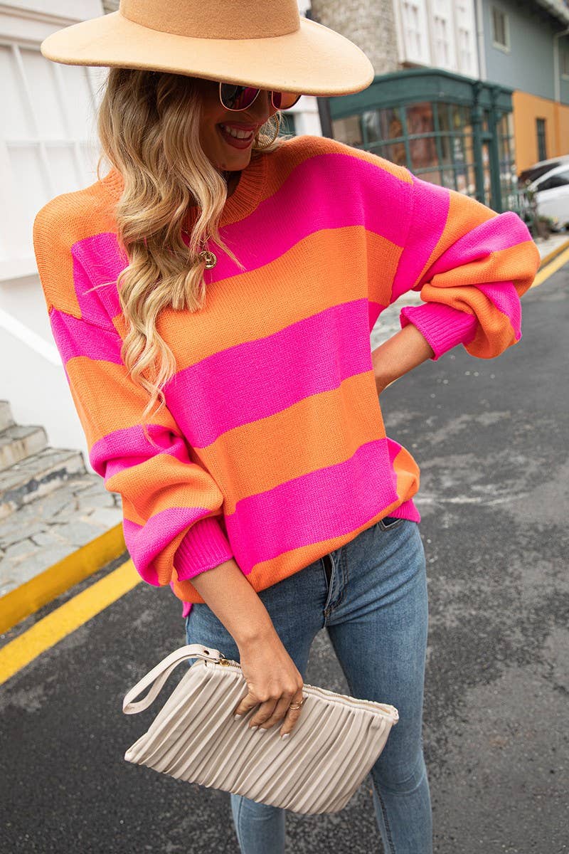 CWOSWL3148_STRIPED CONTRAST CREW NECK KNITTED LOOSE SWEATER