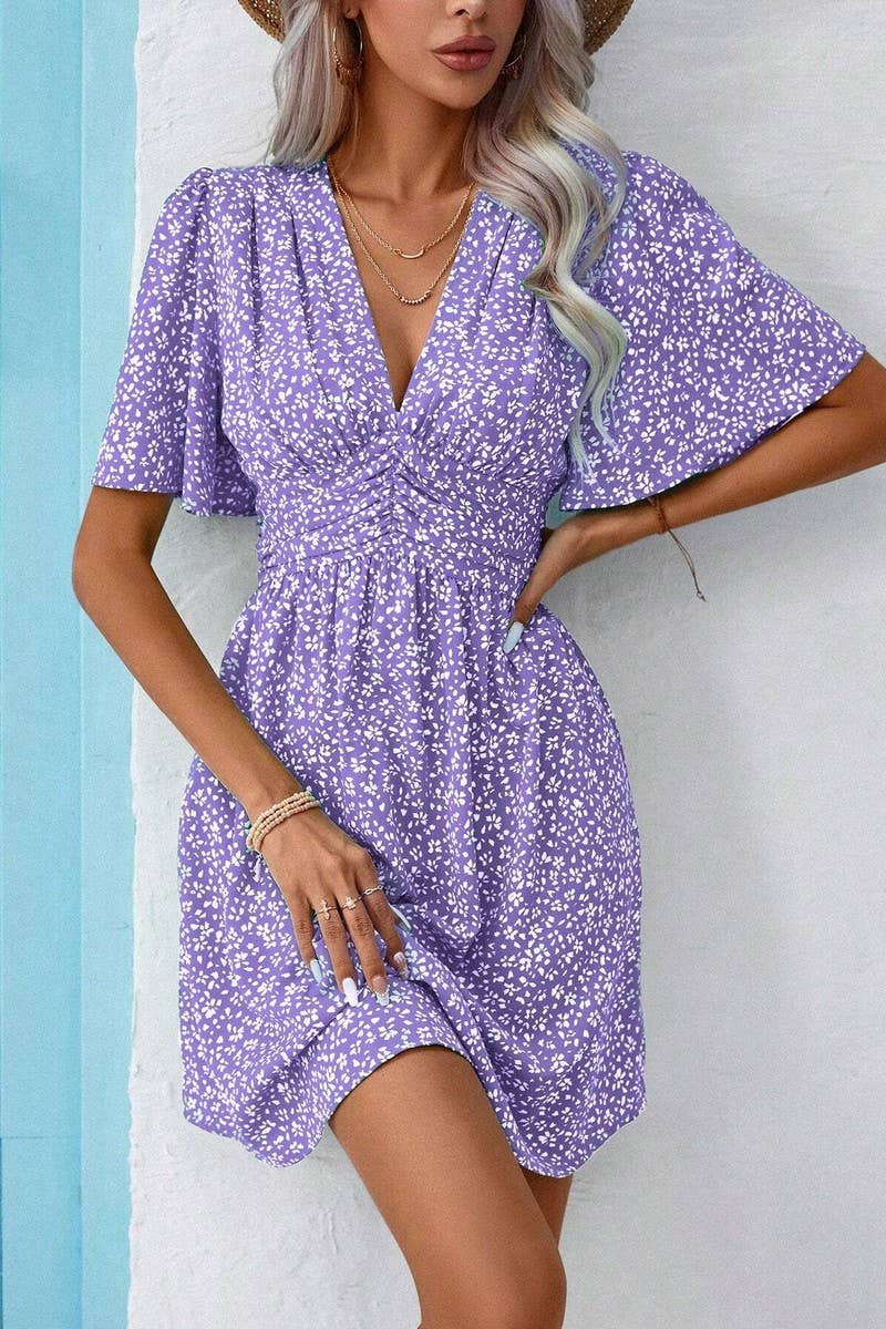 CWDSD7524_SUMMER V-NECK HIGH WAIST FLORAL PLEATED DRESS