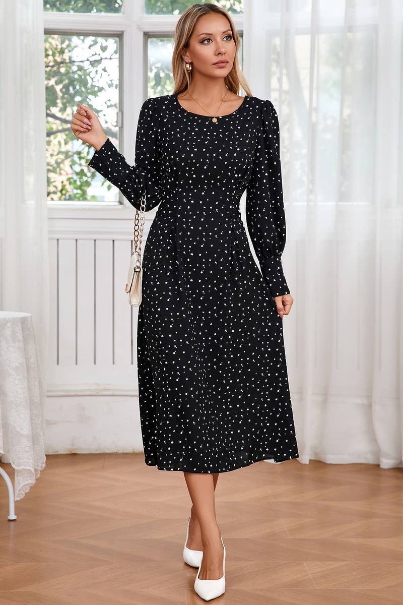 CWDMD3989_SMALL FLORAL ROUND NECK TIE LONG SLEEVE DRESS