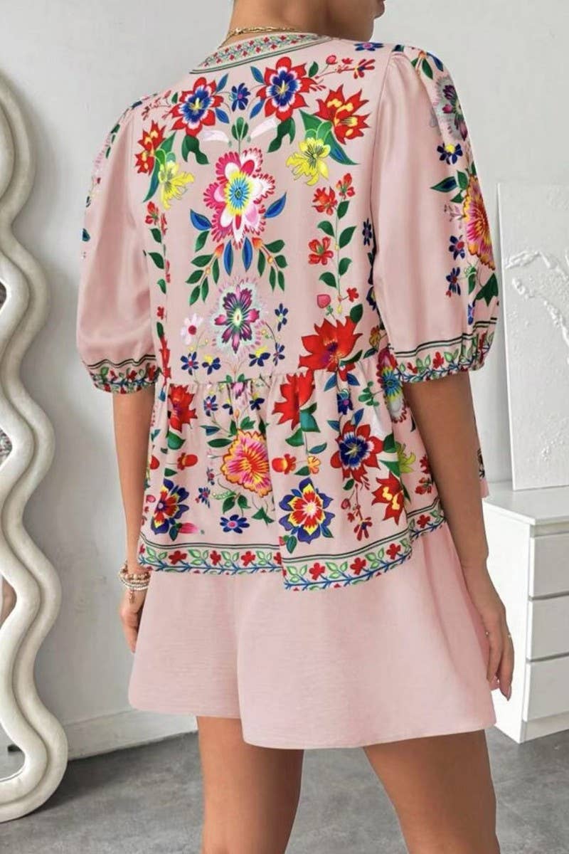 CWSTB2003_FLORAL TIE-FRONT KIMONO TOP & SHORTS SET