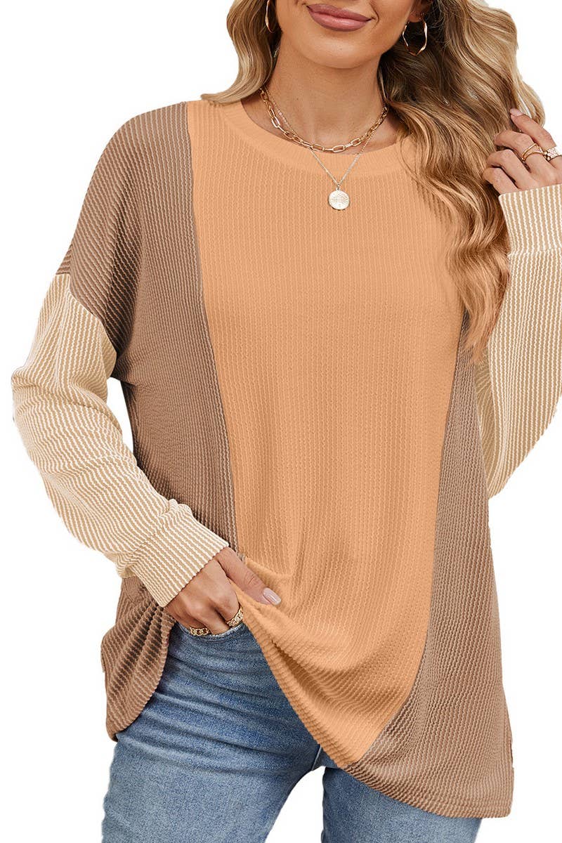 CWTBLL2358_ROUND NECK LOOSE STITCHING LONG SLEEVE TOP