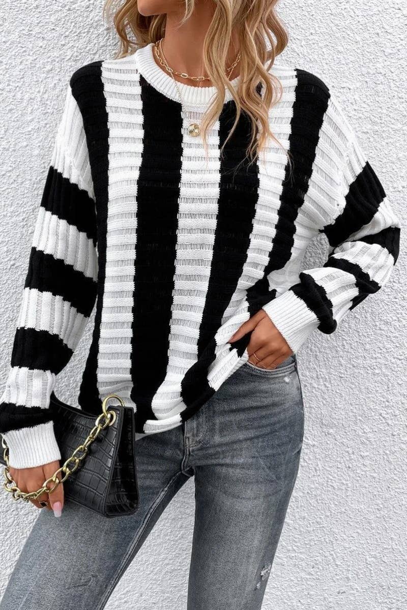 CWOSWL6323_AUTUMN WINTER LONG-SLEEVED STRIPED SWEATER