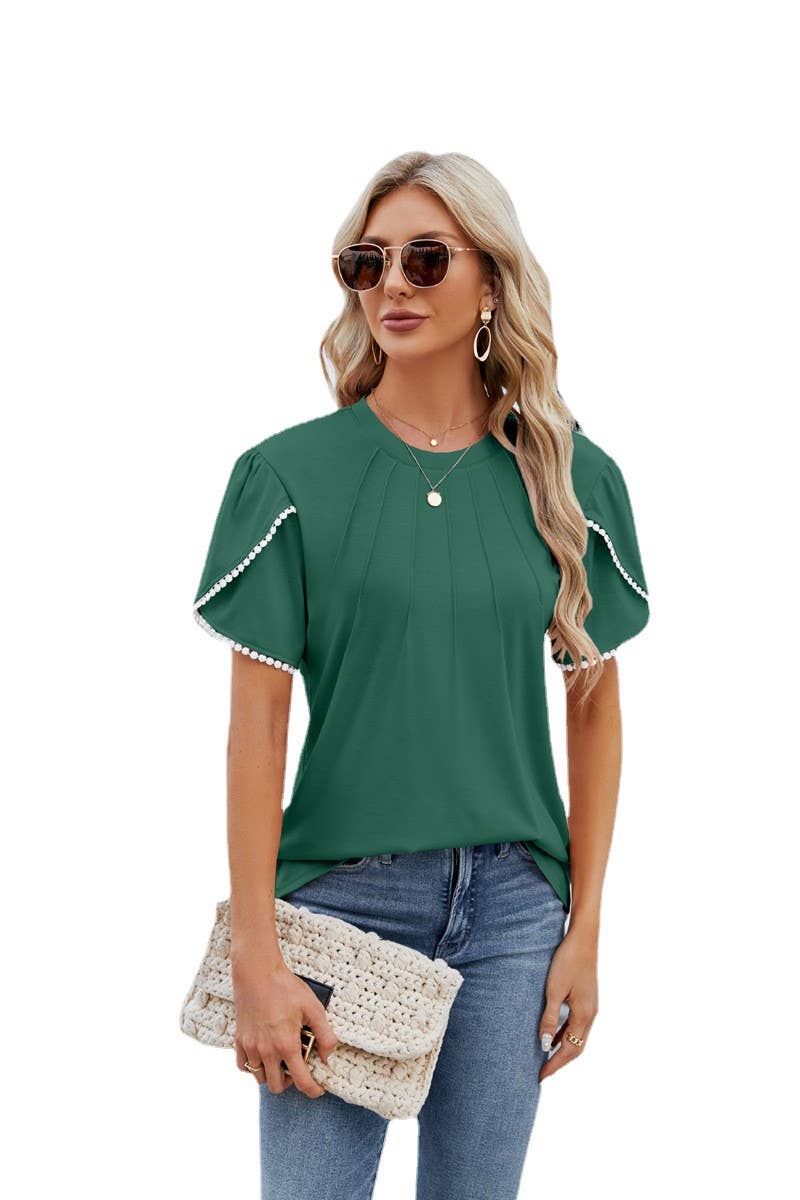 CWTBLS0882_RUFFLED BLOUSE WITH STRETCH PEARL PETAL SLEEVES