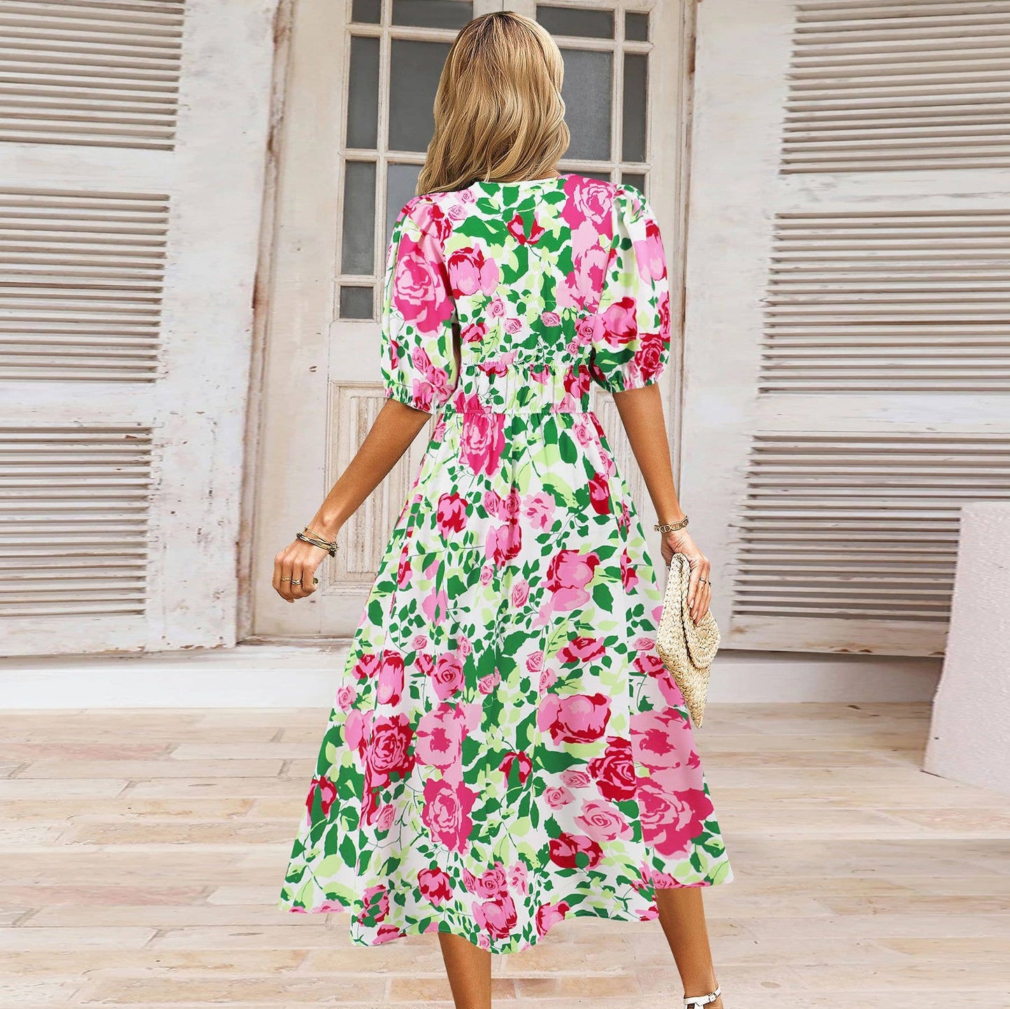 Boho V-Neck Floral Maxi Dress with Waist Tie