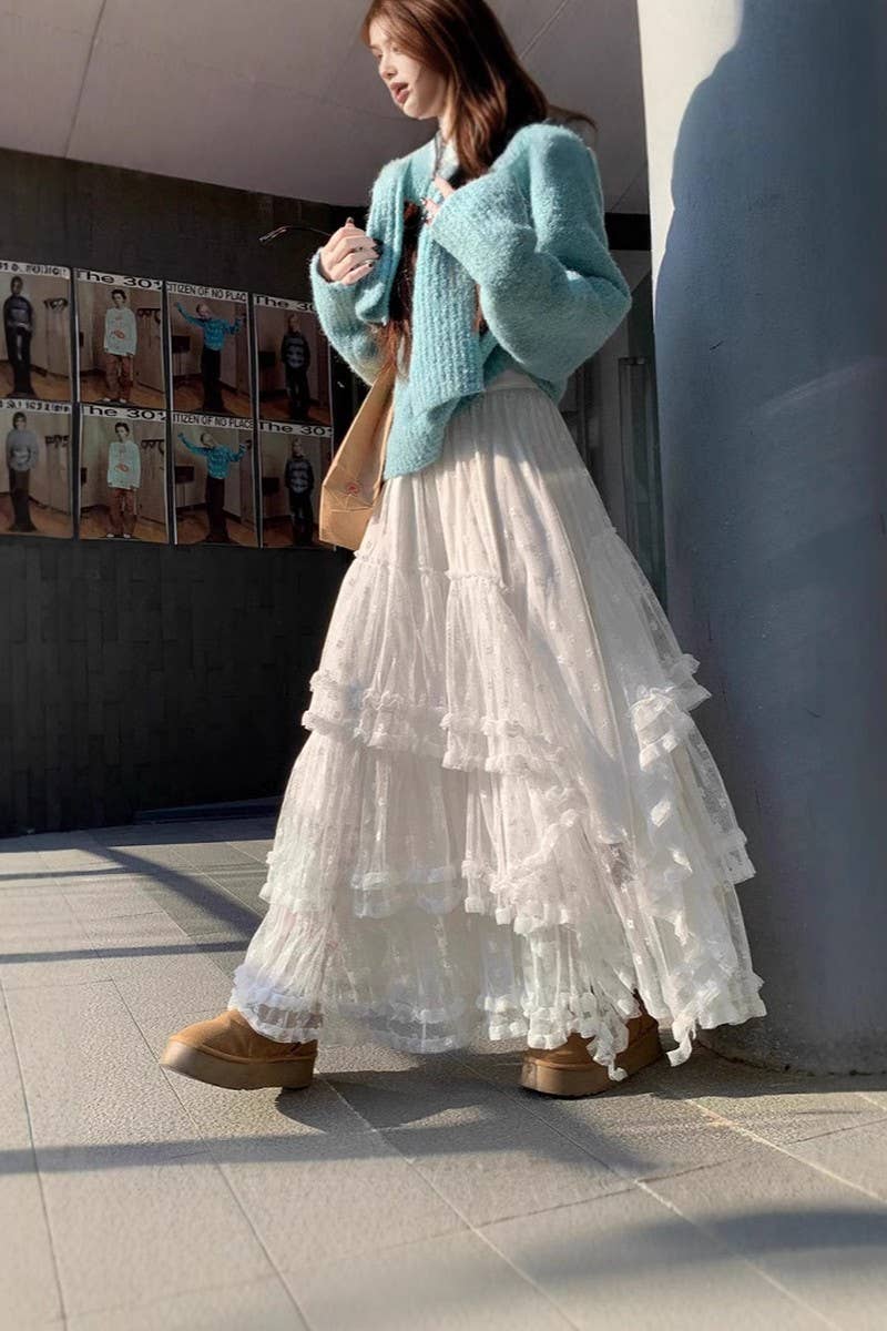 CWBLS00714_2025 FLORAL MESH RUFFLE IRREGULAR MAXI SKIRT