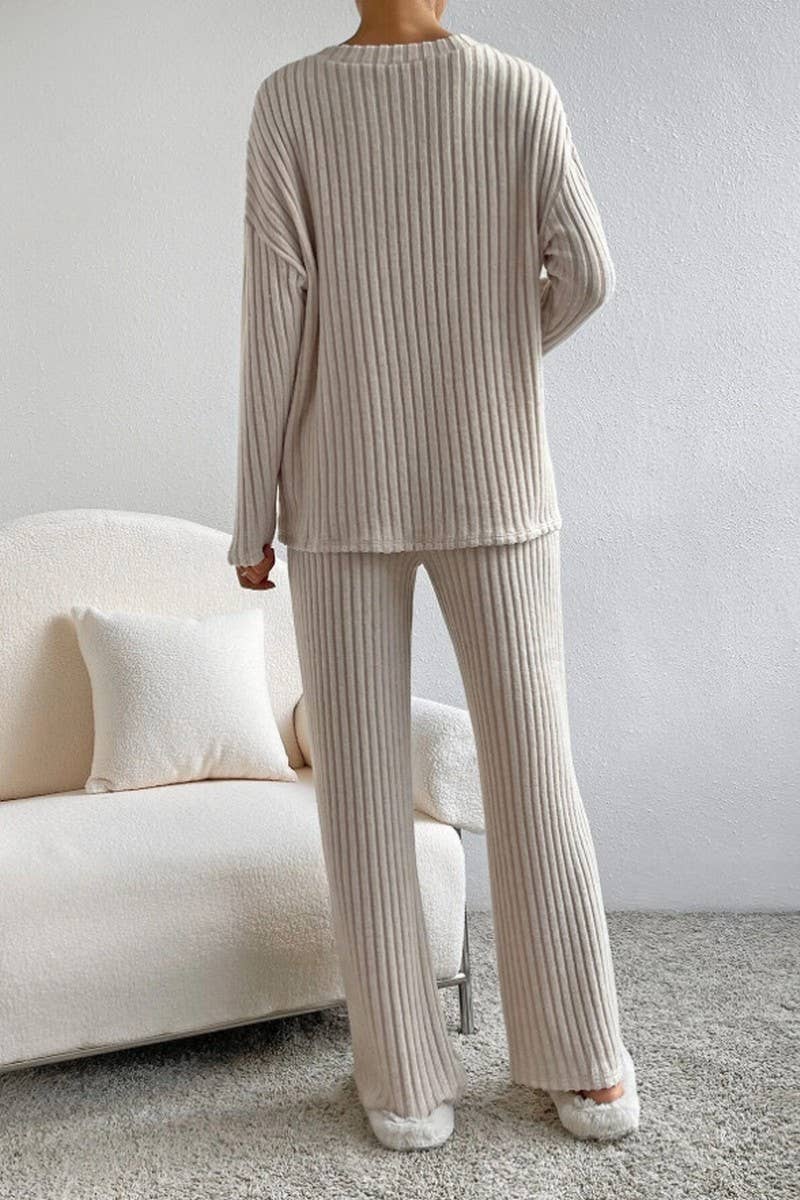 CWSTB00462_RIBBED KNIT V NECK TOP AND STRAIGHT PANTS SET