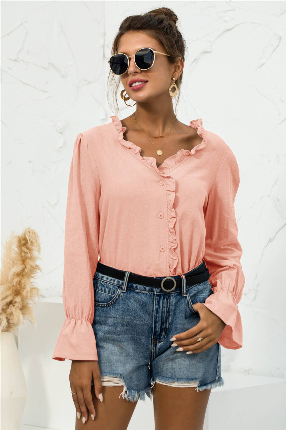 Casual V-neck ruffled button-down shirt
