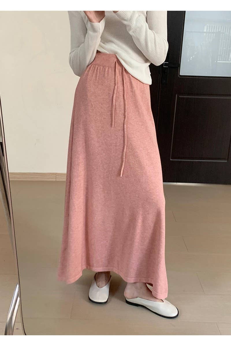 CWBLS0300_SOLID COLOR DRAWSTRING LONG KNIT SKIRT