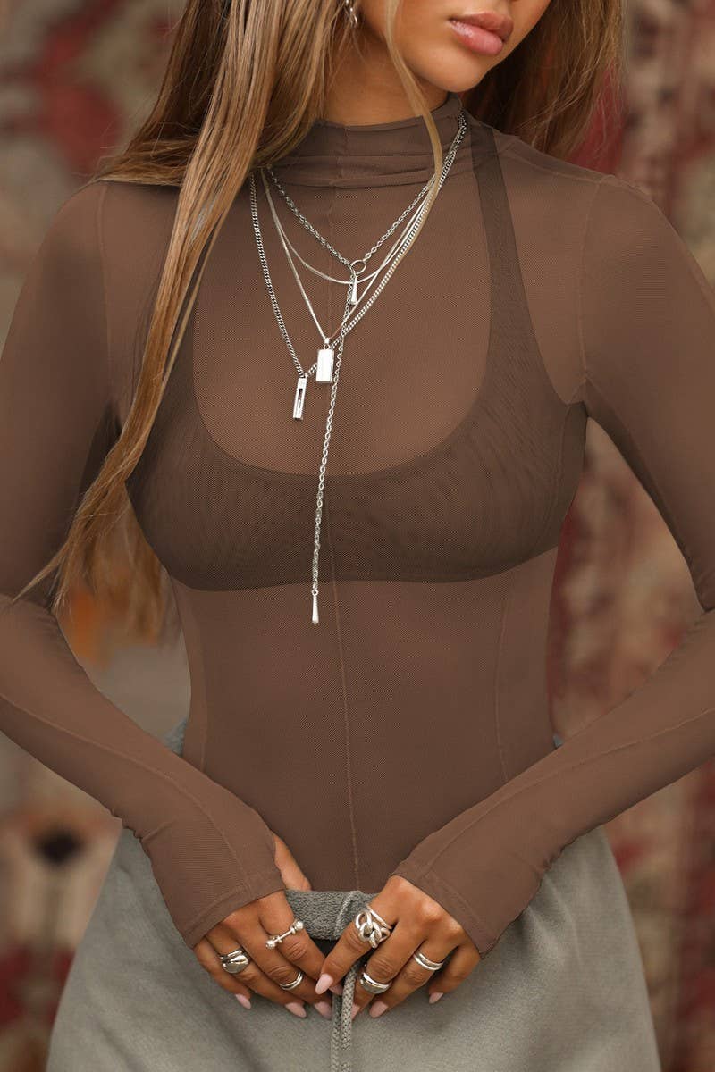 CWTBLL3812_SHEER MESH SLIM FIT HIGH NECK LONG SLEEVE TOP