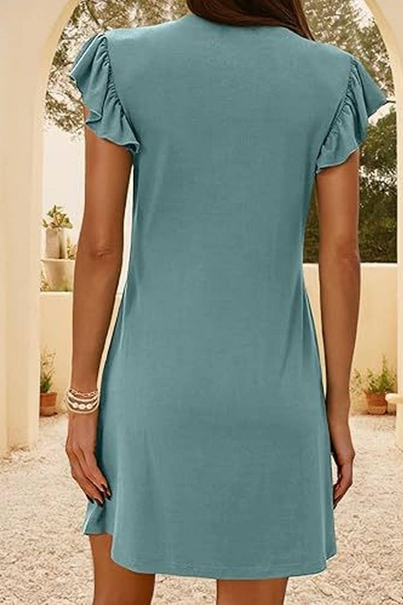 CWDSD8807_V-NECK FLYING SLEEVES PLEATED MINI TANK DRESS