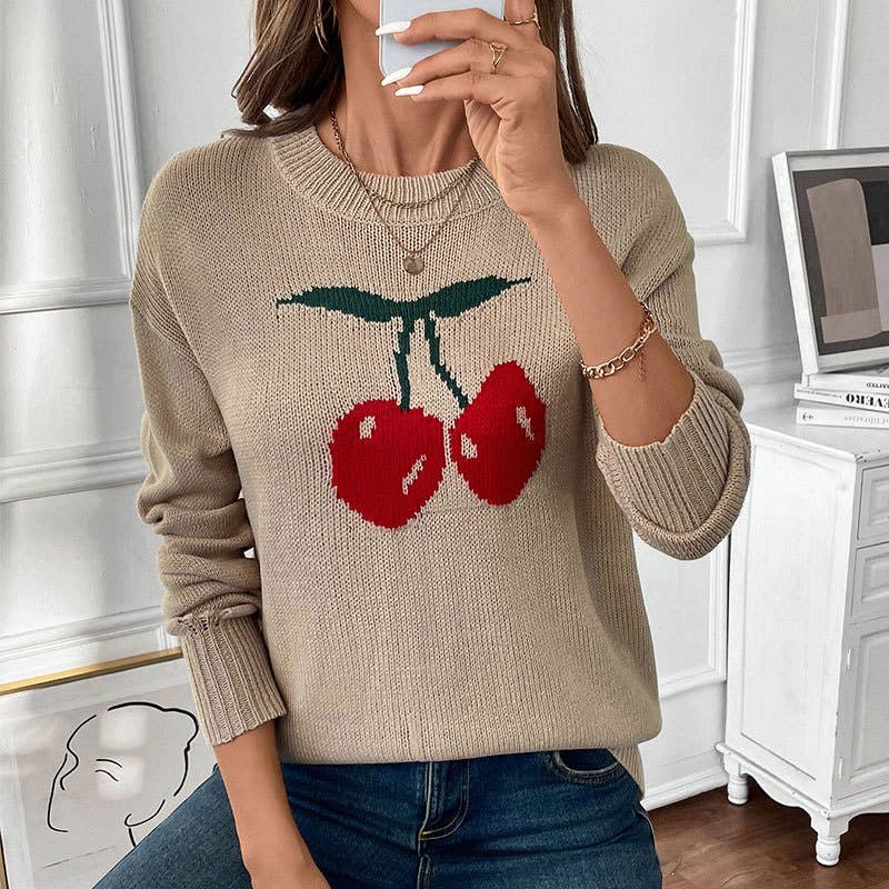 CREW-NECK CHERRY JACQUARD PULLOVER SWEATER