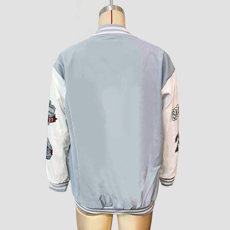 COLOR CONTRAST LETTER PRINT BASEBALL JACKET