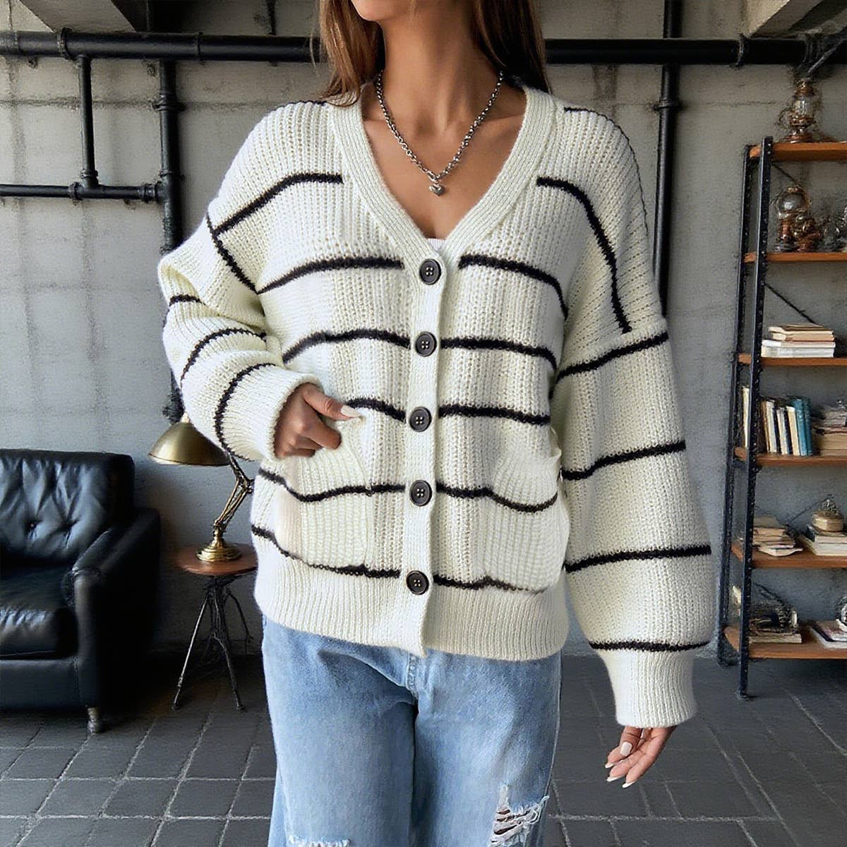 Color-blocking striped single-breasted cardigan