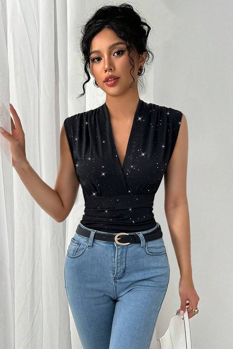 CWTBLSL0876_V-NECK SLEEVELESS SEQUIN EMBELLISHED TOP