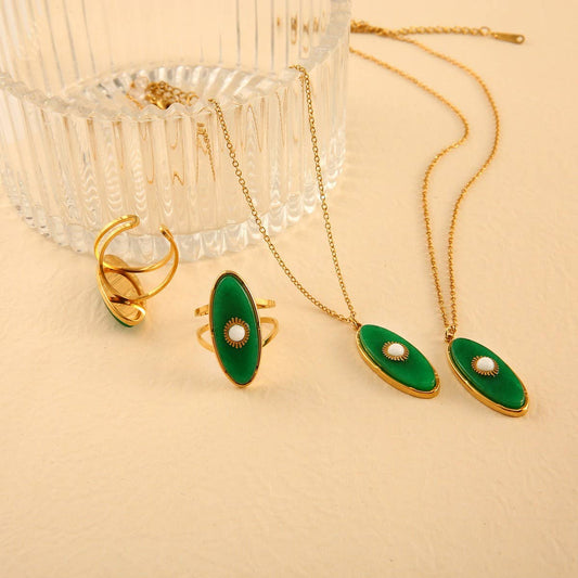 18K Steel Necklace Ring Set with African Jade_CWMM8875