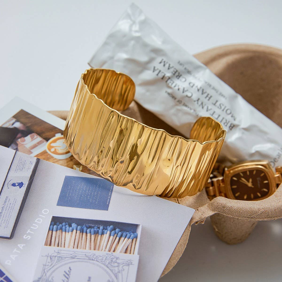 Minimalist Wide Textured Open Bangle, 18K Gold