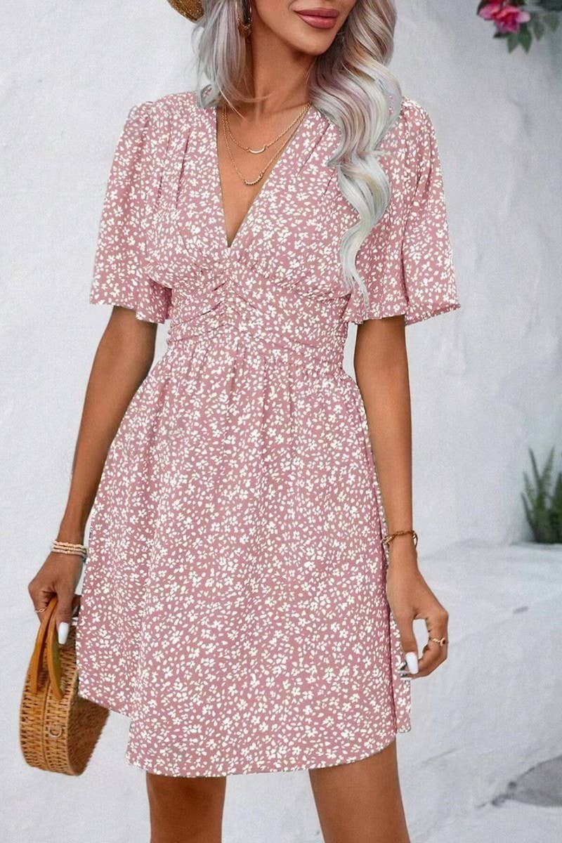 CWDSD8398_DEEP V RUFFLE SLEEVE FLORAL RUCHED VACATION DRESS