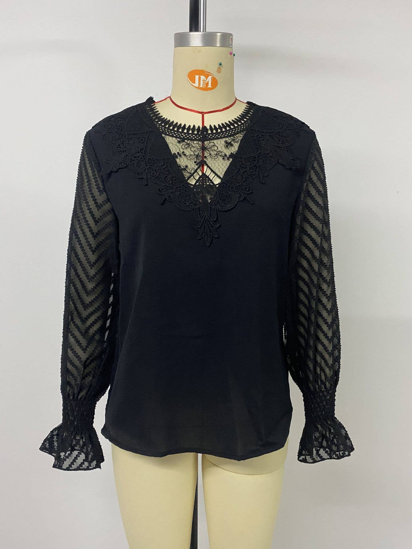 Flared sleeved lace patchwork solid-color shirt