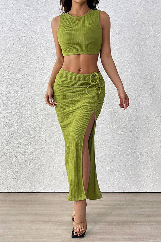 CWSTB1554_TEXTURED SLIT SLEEVELESS VEST TWO-PIECE SET