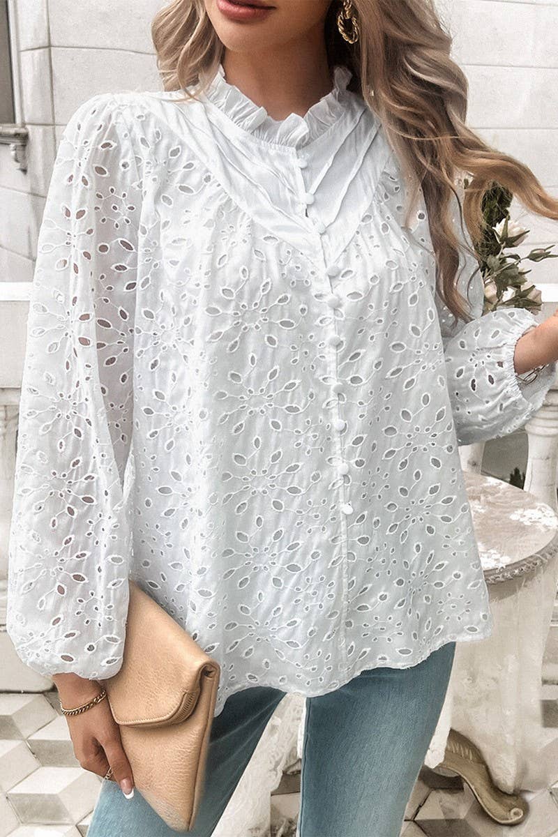 CWTSTL2732_ELEGANT HOLLOW PUFF SLEEVE EMBROIDERED TOP