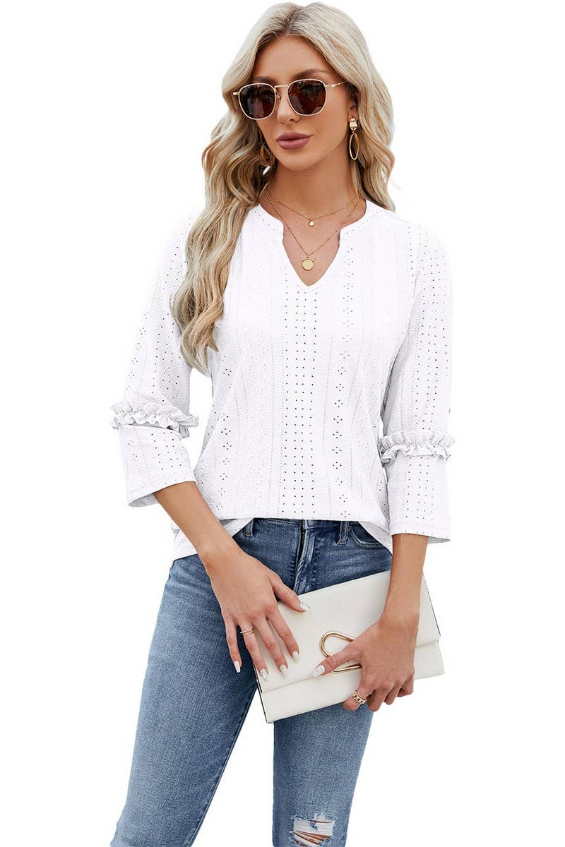 CWTTS0763_3/4 Sleeve Ruffle Detailed V-Neck  Blouse