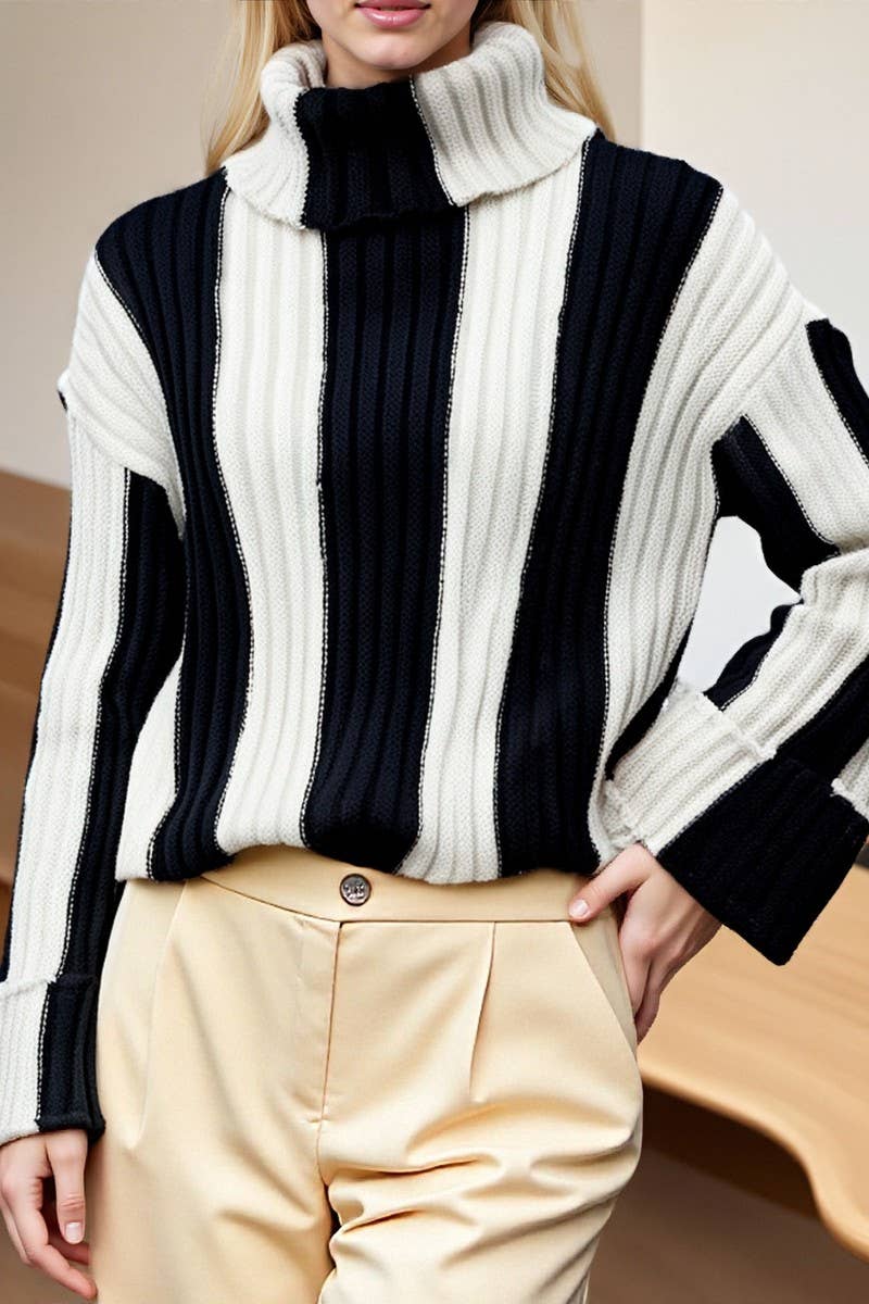 CWOSWL07083_STRIPED KNITTED HIGH-NECK LONG-SLEEVED SWEATER