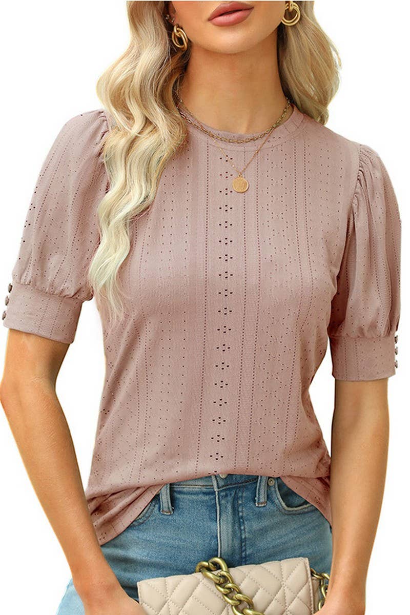 CWTBLS1599_ROUND NECK SOLID COLOR HOLLOW SHORT SLEEVE TOP