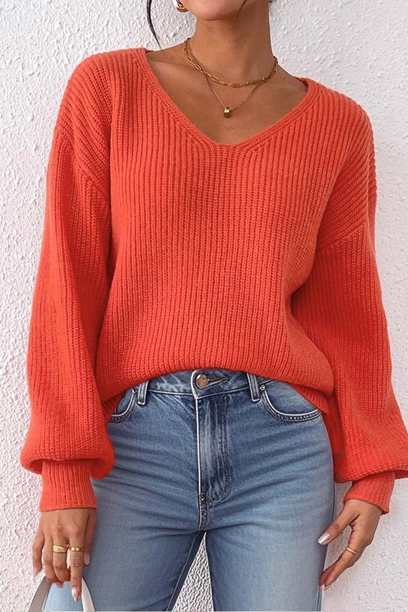 CWTTT00016_WOMEN SOLID V NECK LOOSE KNIT PULLOVER SWEATER