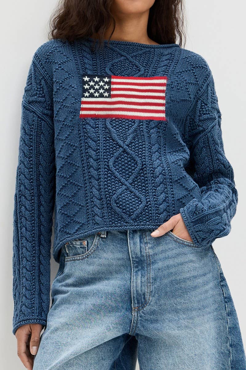CWOSWL07060_AMERICAN FLAG PULLOVER LONG-SLEEVED KNIT SWEATER