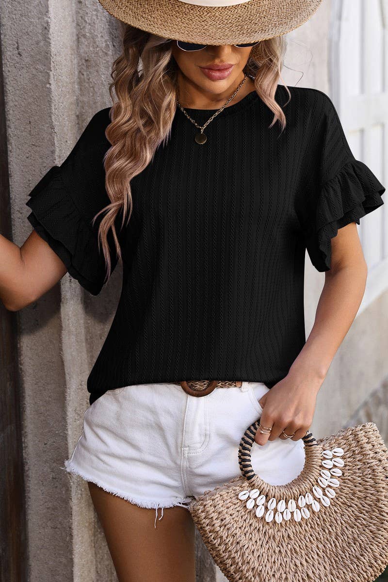 CWTBLS0906_ROUND NECK SHORT SLEEVE SHIRT WITH LOTUS SLEEVES