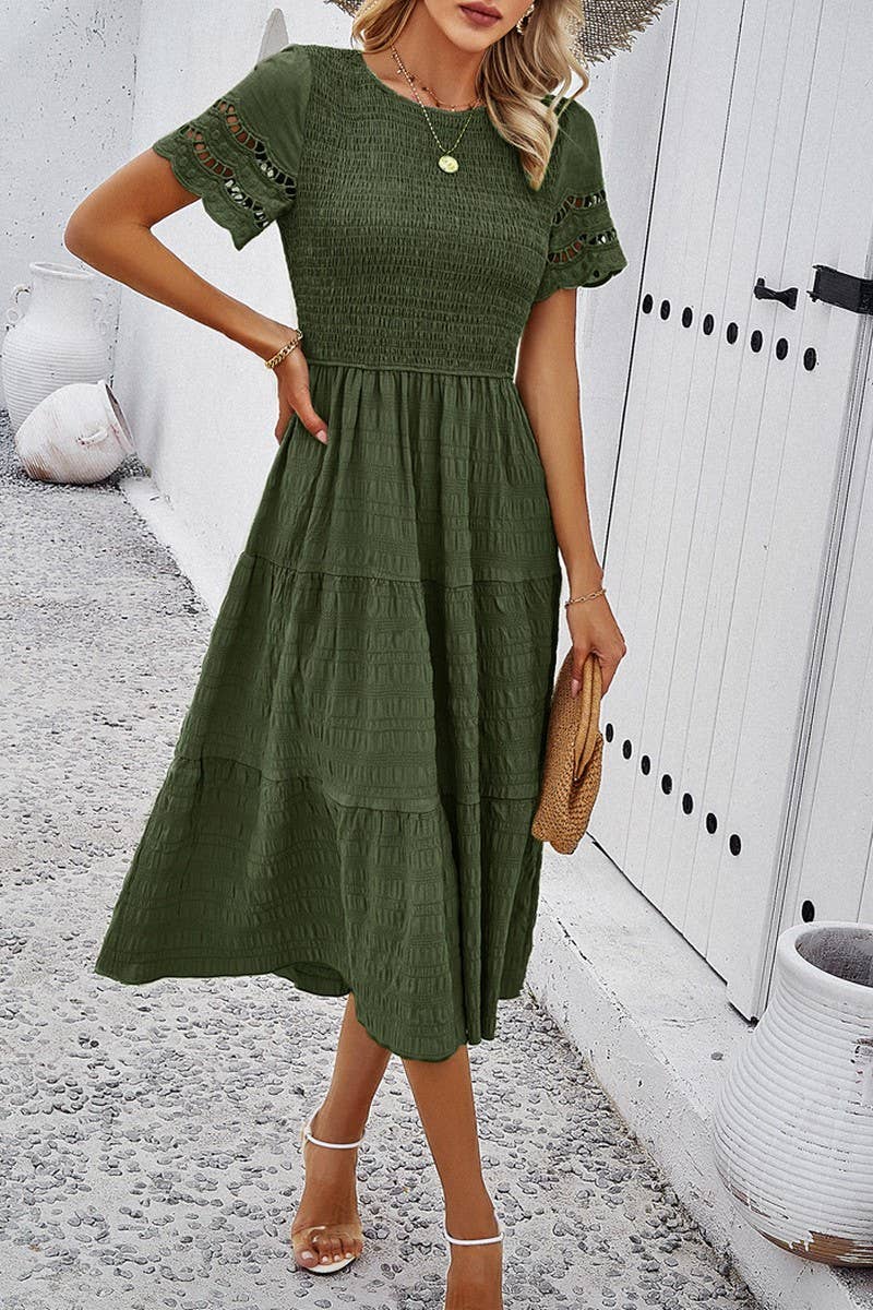 CWDSD2795_Smocking Detailed Short Sleeve Dress