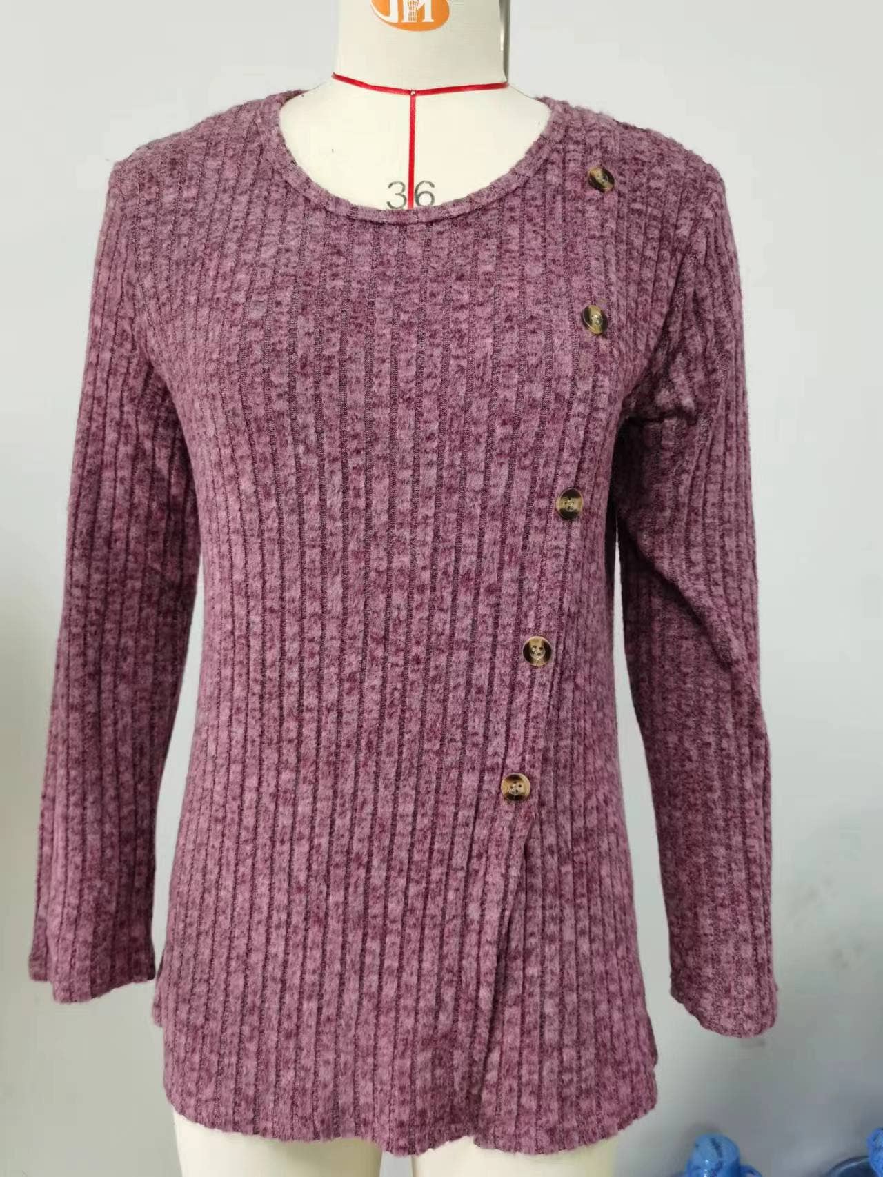 CREW-NECK BUTTON-UP LONG-SLEEVED LOOSE T-SHIRT