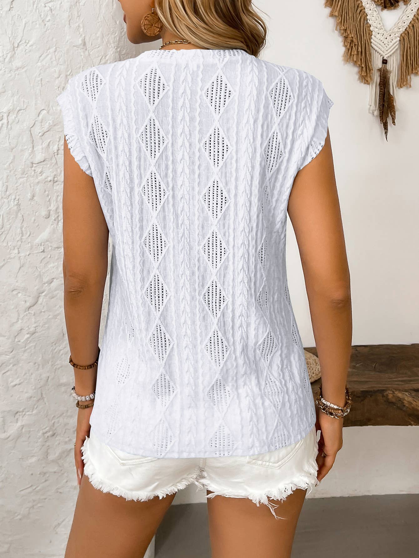 Crew-neck jacquard short sleeve baggy tank top