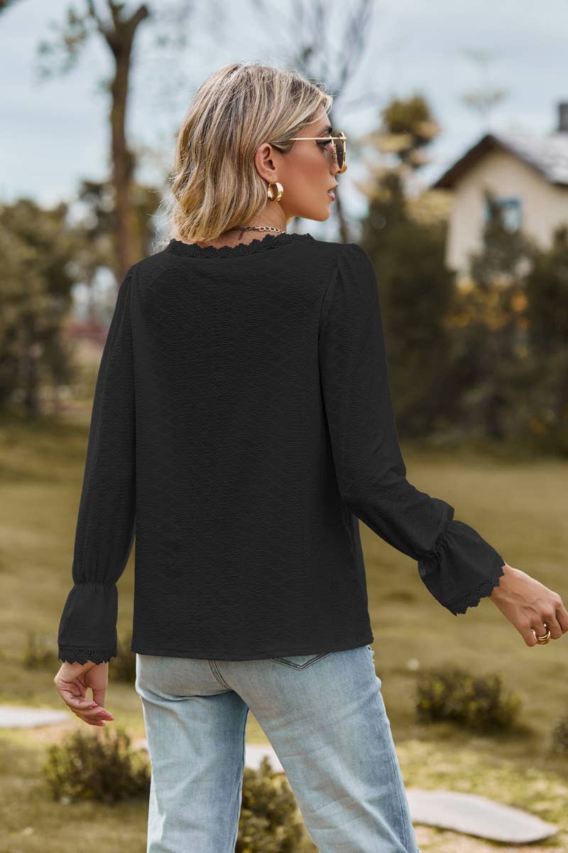 CWTBLL2710_STYLISH V-NECK LACE PATCHWORK LONG-SLEEVED TOP