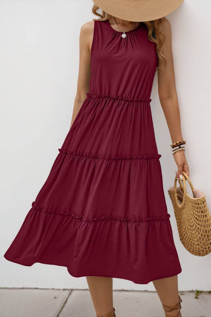 CWDMD5773_SOLID RUFFLED SLEEVELESS PLEATED MIDI DRESS