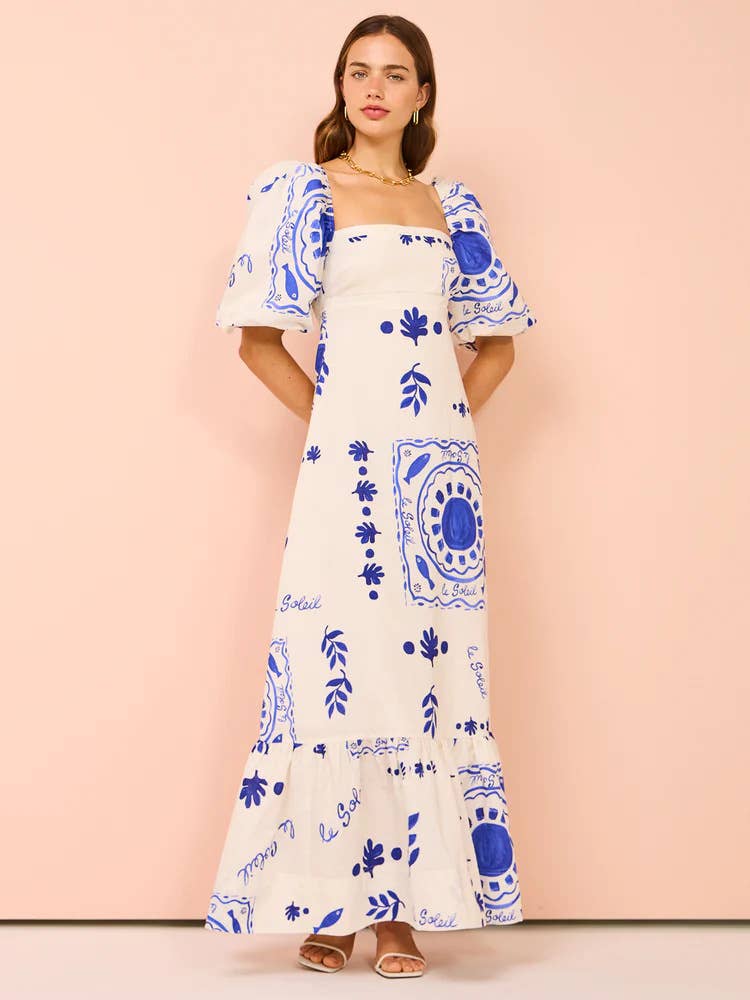 Casual line-neck print lantern sleeve dress