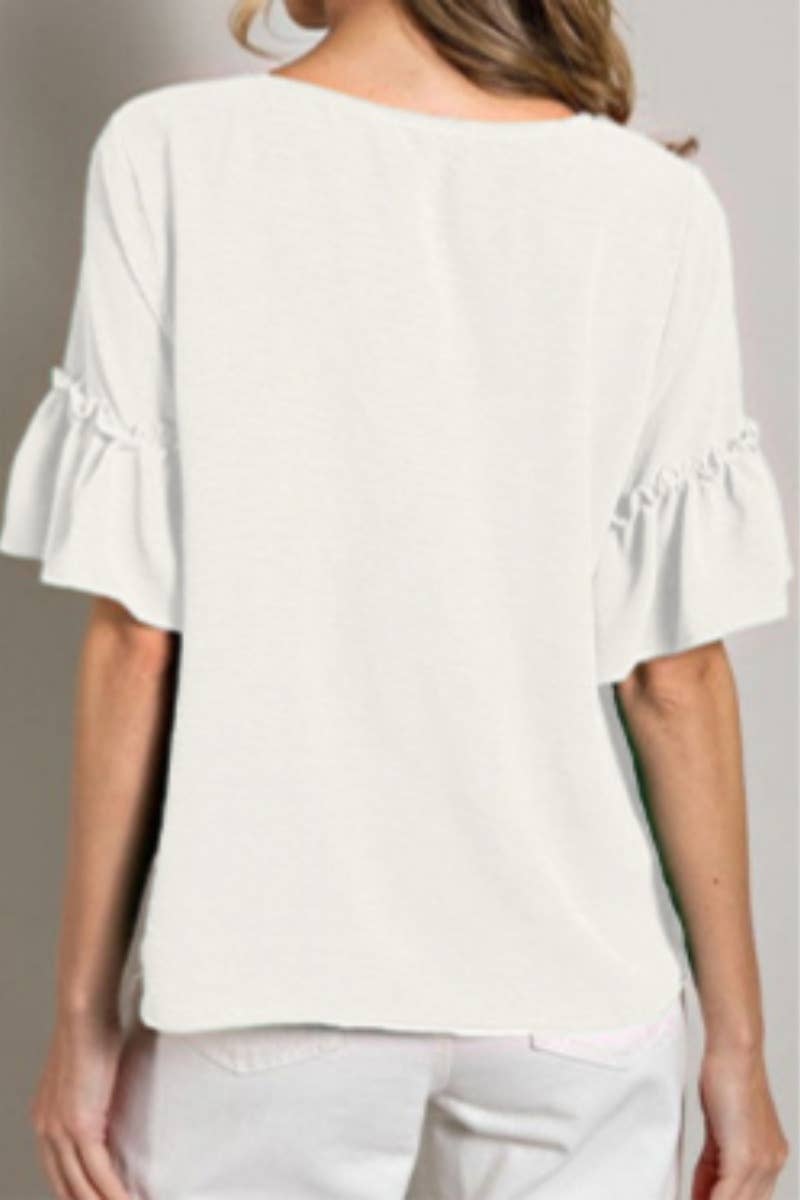 CWTBLS1391_SUMMER CASUAL V MID-SLEEVE COLLAR RUFFLED TOP