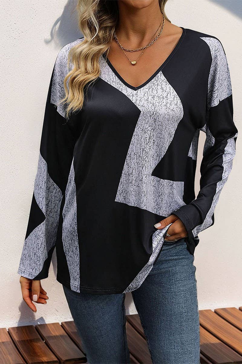 CWTHT0157_NEW LONG-SLEEVED CASUAL LOOSE COLOR-BLOCKED TOP