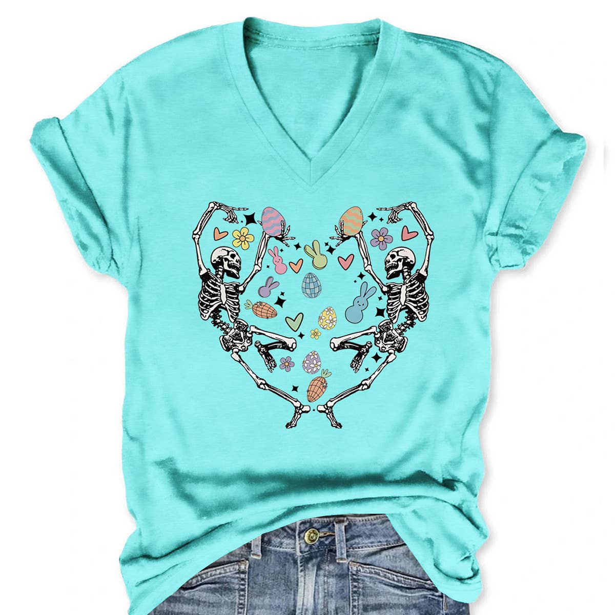EASTER FUN PRINTED SKULL PERSONALITY VNECK TEES_CWTTS0868