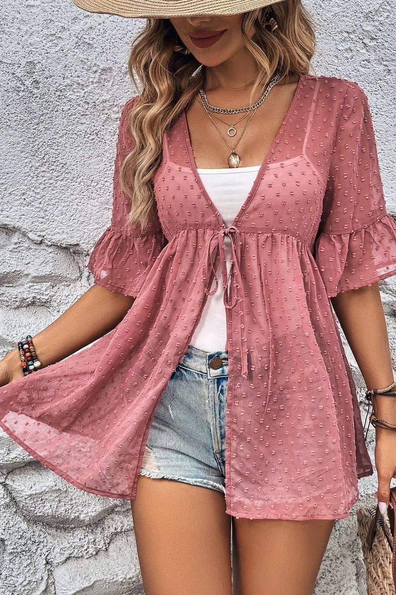 CWTBLS02430_CASUAL VACATION SOLID COLOR CARDIGAN LACE-UP SHI